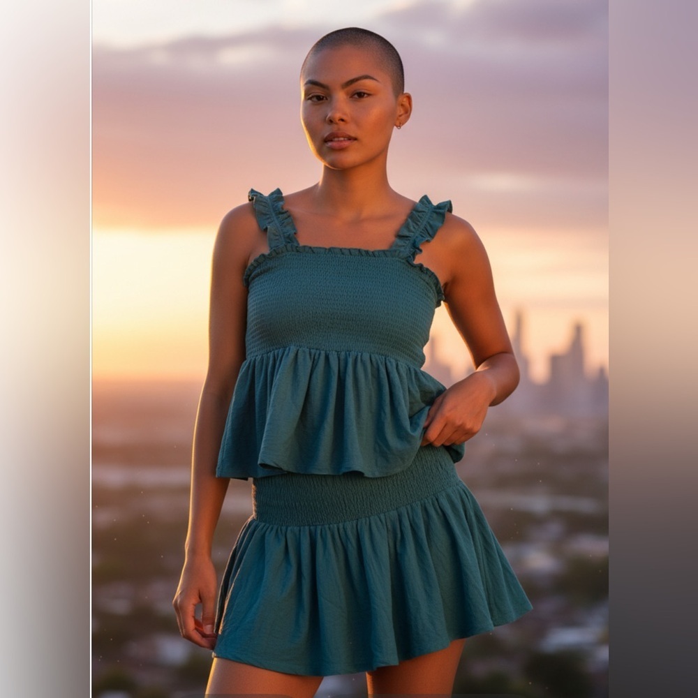 NWT-1X Smocked Ruffle Tank
Wide elastic waist Short
Whimsical  Deep Teal Set